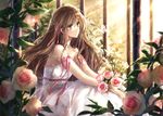  arm_ribbon bare_arms bare_shoulders bouquet brown_eyes brown_hair bug butterfly dress earrings flower hagiwara_rin hair_ornament hair_ribbon insect jewelry long_hair necklace original ribbon rose sitting sleeveless sleeveless_dress solo very_long_hair white_dress 