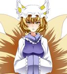  blonde_hair commentary_request dress fox_tail frills hands_in_opposite_sleeves hat kitsune kyuubi long_sleeves looking_at_viewer mob_cap multiple_tails open_mouth pillow_hat short_hair solo tabard tachi-e tail tassel touhou upper_body white_background white_dress wide_sleeves yagami_(mukage) yakumo_ran yellow_eyes 