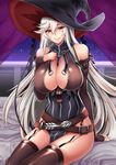  arm_support bare_shoulders bed bed_sheet bedroom black_legwear breasts cleavage detached_sleeves fingerless_gloves garter_straps gloves granblue_fantasy hair_between_eyes hand_on_own_chest hat indoors large_breasts lips long_hair looking_at_viewer magisa_(granblue_fantasy) megatama red_eyes silver_hair smile solo thighhighs window witch_hat 