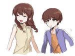  1girl :d :o ^_^ bad_id bad_pixiv_id braid brother_and_sister brown_hair closed_eyes grey_eyes holding_hands long_hair long_sleeves nishio_akira nishio_rina open_mouth seiya_(se12ze) shiny shiny_hair short_hair siblings sketch smile soukyuu_no_fafner twin_braids twins 