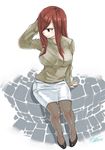  blush breasts brown_eyes casual erza_scarlet fairy_tail full_body hair_over_one_eye large_breasts long_hair looking_away mashima_hiro pantyhose pencil_skirt pumps red_hair sitting skirt smile solo sweater white_background 