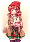  black_legwear blush box breath checkered checkered_skirt coat gift gift_box hat heart heart-shaped_box heart-shaped_pupils highres holding holding_box holding_gift long_sleeves looking_at_viewer love_live! love_live!_school_idol_project nishikino_maki open_mouth panties purple_eyes red_hair red_hat scarf short_hair signature skirt solo symbol-shaped_pupils thighhighs underwear valentine windart 