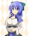  blue_eyes blue_hair blush bowl capelet chocolate commentary_request corset dress finger_licking jurakin licking licking_lips mixing_bowl original short_hair solo tongue tongue_out touhou 