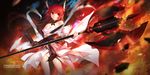  axe bare_shoulders battle_axe date_a_live detached_sleeves dress hair_ribbon highres horns huge_weapon itsuka_kotori layered_dress looking_at_viewer panties red_eyes red_hair ribbon solo swd3e2 underwear weapon white_panties wide_sleeves 