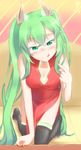  all_fours bare_shoulders blush china_dress chinese_clothes collarbone crota dated destiny_(game) dress green_eyes green_hair kuroda_kuwa solo thighhighs tongue tongue_out twintails 