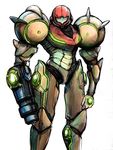  absurdres arm_cannon armor bad_id bad_pixiv_id denkaishi_ii glowing highres looking_at_viewer metroid power_armor samus_aran shoulder_pads simple_background sketch solo standing varia_suit weapon white_background 