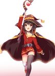  absurdres black_hair black_legwear blush brown_eyes cape collar fuuna gradient gradient_background hat highres kono_subarashii_sekai_ni_shukufuku_wo! megumin open_mouth short_hair single_thighhigh solo staff thighhighs witch_hat 