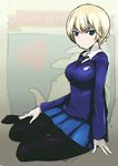  bad_id bad_pixiv_id black_neckwear blonde_hair blue_eyes blue_skirt blue_sweater darjeeling dress_shirt emblem full_body girls_und_panzer hand_on_own_thigh iijm_(runner916) looking_at_viewer miniskirt necktie pantyhose pleated_skirt school_uniform shirt sitting skirt smile solo st._gloriana's_(emblem) st._gloriana's_school_uniform sweater v-neck white_shirt yokozuwari 