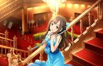  artist_request bangs bare_shoulders beads blue_dress blush bouquet brown_hair chandelier collarbone dress earrings evening_gown flower flute from_above hair_beads hair_ornament half_updo halterneck idolmaster idolmaster_cinderella_girls idolmaster_cinderella_girls_starlight_stage indoors instrument jewelry lamp long_hair looking_at_viewer mizumoto_yukari official_art open_mouth people plant potted_plant railing red_carpet security_guard sidelocks sign sleeveless sleeveless_dress smile solo_focus stairs stanchion wavy_hair 