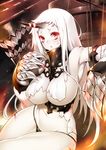  albino black_panties blush breasts claws detached_sleeves dress fangs fuya_(tempupupu) horn kantai_collection large_breasts long_hair long_sleeves panties red_eyes seaport_hime shinkaisei-kan silver_hair solo torn_clothes torn_dress underboob underwear very_long_hair white_background white_dress wide_sleeves 