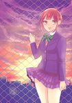  bangs cityscape kousaka_yukiho love_live! love_live!_school_idol_project mikawa_miso older otonokizaka_school_uniform red_hair rooftop sad school_uniform short_hair skirt solo sunset wind 