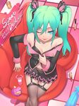  2016 ;p aqua_eyes aqua_hair artist_name bare_shoulders belt between_fingers black_bra black_jacket black_skirt bottle bow bra breasts brown_legwear buckle butterfly_hair_ornament buttons cellphone character_name cleavage collarbone copyright_name cowboy_shot dated from_above hair_between_eyes hair_ornament hatsune_miku highres holding honey_whip_(module) jacket k_jin layered_skirt leg_garter lipstick long_hair looking_at_viewer looking_up makeup navel off_shoulder one_eye_closed perfume_(cosmetics) perfume_bottle phone pink_bow project_diva_(series) project_diva_f red_lipstick signature sitting skirt small_breasts solo strap_slip sweet_devil_(vocaloid) thigh_gap thighhighs tongue tongue_out twintails underwear undressing very_long_hair vocaloid wrist_cuffs zettai_ryouiki 