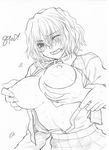  ;o bangs blush breast_grab breasts breasts_apart breasts_outside buttons collared_shirt cowboy_shot dagashi_(place) dress_shirt eyes_visible_through_hair from_side grabbing grabbing_from_behind graphite_(medium) greyscale groping hair_over_eyes huge_breasts kazami_yuuka line_shading long_sleeves looking_at_viewer messy_hair midriff mixed_media monochrome necktie nipple_tweak nipples no_bra one_eye_closed open_clothes open_mouth open_shirt plaid plaid_skirt plaid_vest popped_button shirt simple_background skirt solo_focus sweat touhou traditional_media unbuttoned vest white_background wince wrist_grab 