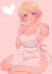  apron blush breasts brown_hair character_name collarbone curvy food food_on_face heart koizumi_hanayo large_breasts love_live! love_live!_school_idol_project mikawa_miso naked_apron purple_eyes rice rice_on_face rice_spoon short_hair sitting solo 
