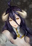  ahoge albedo bare_shoulders black_hair breasts cleavage closed_mouth detached_collar highres horns long_hair medium_breasts overlord_(maruyama) portrait shimashima_(simasima_23) smile solo yellow_eyes 