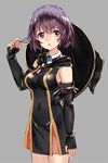 bare_shoulders black_dress black_gloves breasts capelet commentary_request covered_navel dress elbow_gloves fingerless_gloves gloves hai_to_gensou_no_grimgar hand_in_hair hat highres looking_to_the_side luicent medium_breasts open_mouth purple_eyes purple_hair shihoru_(grimgar) short_hair sleeveless sleeveless_dress solo witch_hat 