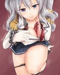  akatsuki_akane artist_name between_breasts black_panties blue_eyes breasts chocolate cleavage collarbone covered_nipples epaulettes gloves heart highres kantai_collection kashima_(kantai_collection) large_breasts leaning_forward lips looking_at_viewer panties panty_pull pussy_juice silver_hair simple_background smile solo standing standing_on_one_leg sweat twintails underwear wavy_hair white_gloves 