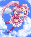  :d arm_up blue_eyes bow brooch choker clenched_hand cloud crop_top cure_melody day frilled_skirt frills full_body hair_bow houjou_hibiki jewelry long_hair looking_at_viewer magical_girl open_mouth pink_bow pink_choker pink_footwear pink_hair pink_legwear pink_skirt precure shoes skirt sky smile solo suite_precure thighhighs twintails uraki wrist_cuffs 