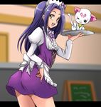  :d bow cat cowboy_shot hairband hummy_(suite_precure) juliet_sleeves kurokawa_eren letterboxed long_hair long_sleeves looking_at_viewer looking_back open_mouth precure puffy_sleeves purple_hair purple_skirt seiren_(suite_precure) skirt smile striped striped_bow suite_precure tray uraki waitress white_bow yellow_eyes 