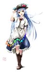  blue_hair boots cross-laced_footwear food fruit gorilla_(bun0615) hat highres hinanawi_tenshi long_hair looking_at_viewer open_mouth peach puffy_short_sleeves puffy_sleeves red_eyes shirt short_sleeves skirt solo touhou very_long_hair 