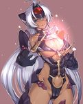  blue_eyes blue_hair blush breasts cameltoe cleavage covered_nipples cyborg dark_skin elbow_gloves gloves heart hijiri large_breasts long_hair looking_at_viewer shiny shiny_clothes shiny_skin simple_background smile solo t-elos underboob xenosaga 
