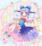  blue_dress blue_eyes blue_hair bow cake candy cirno cookie dress food hair_bow heart-shaped_food ice ice_wings lollipop looking_at_viewer open_mouth pjrmhm_coa puffy_short_sleeves puffy_sleeves shirt short_hair short_sleeves solo touhou valentine wings wrist_cuffs 