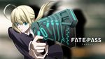  ahoge artoria_pendragon_(all) bad_id bad_pixiv_id blonde_hair blue_eyes creator_connection dominator_(gun) fate/stay_night fate/zero fate_(series) formal gun highres holding holding_gun holding_weapon necktie parted_lips ponytail psycho-pass saber shimo_(s_kaminaka) solo suit title_parody urobuchi_gen weapon 