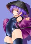  blush bowl japanese_clothes kimono moura_(kenyuugetu) one-piece_swimsuit purple_hair school_swimsuit skindentation solo sukuna_shinmyoumaru swimsuit thick_thighs thighhighs thighs touhou undressing 