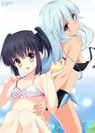  bad_id bad_pixiv_id bikini bird black_bikini black_hair blue_hair blush breasts brown_eyes highres long_hair looking_at_viewer mimura_zaja multiple_girls original short_hair small_breasts smile swimsuit tan tanline twintails wardrobe_malfunction 