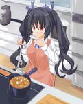  apron black_hair blush breasts cooking hair_ornament himajin_(starmine) kitchen ladle long_hair medium_breasts neptune_(series) noire open_mouth pot red_eyes solo stove twintails waist_apron 