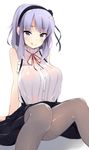  :q blush breasts dagashi_kashi hair_ribbon hairband large_breasts lavender_hair mimura_zaja pantyhose purple_eyes ribbon shidare_hotaru short_hair simple_background sitting solo tongue tongue_out white_background 