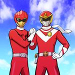  cloud commentary_request day doubutsu_sentai_zyuohger gloves hand_on_hip scarf sky super_sentai taiyou_sentai_sun_vulcan ueyama_michirou vul_eagle zyuoh_eagle 