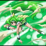  bare_legs bike_shorts circlet cure_march fighting_stance full_body green green_background green_eyes green_hair green_shorts green_skirt letterboxed long_hair looking_at_viewer magical_girl midorikawa_nao ponytail precure shoes shorts shorts_under_skirt skirt smile_precure! solo tri_tails uraki white_footwear wrist_cuffs 