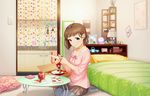  alarm_clock apple apple_bunny artist_request bed bedroom blouse blue_eyes brown_hair brown_skirt carpet clock collarbone cup cutting_board desk_lamp digital_media_player food fruit grey_legwear handkerchief idolmaster idolmaster_cinderella_girls idolmaster_cinderella_girls_starlight_stage indoors ipod kitchen knife kudou_shinobu lamp looking_at_viewer mirror mug official_art pantyhose photo_(object) pillow pink_blouse short_hair sink skirt smile solo spatula speaker table vase 