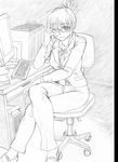  akizuki_ritsuko antenna_hair binder business_suit chair crossed_legs dagashi_(place) desk elbow_rest folded_ponytail formal graphite_(medium) greyscale idolmaster idolmaster_(classic) imac keyboard_(computer) line_shading looking_at_viewer monitor monochrome office_chair one_eye_closed pant_suit sidelocks sitting solo suit traditional_media 