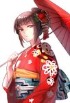  aken brown_eyes brown_hair hair_ornament hair_up highres japanese_clothes kimono narberal_gamma overlord_(maruyama) simple_background solo umbrella upper_body white_background 
