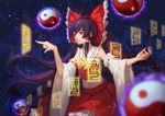  ahoge armpits bangs blurry bow closed_mouth cravat depth_of_field detached_sleeves frills glowing gods_(1073337800) hair_bow hair_tubes hakurei_reimu highres light_particles long_hair midriff night night_sky ofuda outdoors pleated_skirt poking red_bow red_eyes red_skirt skirt skirt_set sky solo spell star_(sky) touhou wide_sleeves yin_yang 