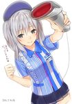  ama_mitsuki artist_name barcode_scanner dated employee_uniform hat kantai_collection kashima_(kantai_collection) lawson name_tag silver_hair solo translated twintails uniform 