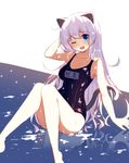  absurdres animal_ears arm_support bare_shoulders blue_eyes breasts cat_ears cat_tail character_name dungeon_and_fighter highres korean long_hair medium_breasts one-piece_swimsuit one_eye_closed open_mouth school_swimsuit silver_hair solo swimsuit tail tandohark 