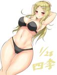  1girl armpits arms_behind_head arms_up bikini blonde_hair blush breasts curvy large_breasts long_hair looking_at_viewer navel red_eyes senran_kagura shiki_(senran_kagura) smile solo swimsuit thick_thighs tongue tongue_out wide_hips 