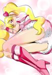  blonde_hair blush boots cure_peach fresh_precure! fuchi_(nightmare) hair_ornament heart heart_hair_ornament highres knee_boots light_particles long_hair looking_at_viewer lying magical_girl momozono_love on_side pink_eyes pink_footwear precure shiny shiny_skin skirt smile solo twintails wrist_cuffs 