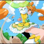  :o boots bow brown_eyes brown_hair cowboy_shot cure_rosetta dokidoki!_precure double_bun fighting_stance from_below green_bow hair_ribbon knee_boots long_hair looking_back magical_girl oekaki precure ribbon skirt solo twintails uraki yellow_ribbon yotsuba_alice 