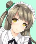  apron bangs black_neckwear black_ribbon bow brown_hair closed_mouth green_background green_bow grey_hair hair_bow love_live! love_live!_school_idol_project maid maid_apron maid_headdress minami_kotori miyamoto_rizu neck_ribbon one_side_up portrait ribbon simple_background smile solo yellow_eyes 