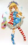  \n/ adapted_costume alternate_legwear american_flag_dress american_flag_legwear bangs blonde_hair blush cacts_(pikasan) clownpiece dress fairy_wings fire frilled_dress frilled_shirt_collar frills full_body hat holding jester_cap long_hair looking_at_viewer petticoat polka_dot red_eyes short_sleeves simple_background solo standing striped striped_dress striped_legwear thighhighs thighhighs_pull torch touhou traditional_media wings 