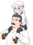  1boy 1girl :o ^_^ black_hair black_legwear black_skirt blue_eyes blush carrying closed_eyes facial_hair flat_cap gloves hammer_and_sickle hat hibiki_(kantai_collection) highres joseph_stalin kantai_collection loafers mustache nikonikosiro open_mouth real_life school_uniform shirt shoes short_hair shoulder_carry skirt star straddling thighhighs verniy_(kantai_collection) visible_ears white_hair white_shirt zettai_ryouiki 