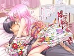  1girl bare_shoulders bed blush breasts clothed_sex collarbone cowgirl_position cum cum_in_pussy faceless faceless_male floral_print girl_on_top hetero japanese_clothes kimono kyrie_florian lyrical_nanoha medium_breasts mizunashi_(second_run) nipples obi open_clothes open_mouth overflow penis pink_eyes pink_hair sash sex straddling testicles vaginal yukata 