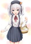  :d alternate_costume bangs basket beret blue_eyes blush center_frills clenched_hands collared_shirt cowboy_shot dress_shirt eyebrows eyebrows_visible_through_hair food fueru_nattou grey_hat hair_ornament hat kantai_collection kashima_(kantai_collection) lace_trim long_sleeves looking_at_viewer md5_mismatch neck_ribbon open_mouth picnic_basket pleated_skirt red_ribbon ribbon sandwich shirt sidelocks silver_hair skirt smile solo sparkle standing striped suspender_skirt suspenders two_side_up wavy_hair white_shirt younger 