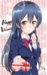  bad_id bad_pixiv_id blazer blue_hair blush box brown_eyes dated gift gift_box happy_valentine heart-shaped_box jacket long_hair looking_at_viewer love_live! love_live!_school_idol_project nas_(nassy58) otonokizaka_school_uniform school_uniform smile solo sonoda_umi valentine 