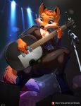 2018 5_fingers absurd_res anthro bass_guitar black_nose breasts camel_toe canine cheek_tuft chest_tuft cleavage clothed clothing concert darma detailed_background ear_tuft female footwear fox fully_clothed guitar hair hi_res legwear mammal microphone miniskirt musical_instrument orange_hair pantyhose patreon playing_guitar playing_music pussy rock_dog shirt short_hair skirt smile solo standing sylviajo thick_thighs translucent tuft upskirt url 