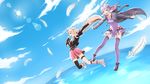  2girls blonde_hair blue_eyes boots braids clouds dress feathers garter hoodie ia long_hair purple_eyes purple_hair skirt sky tagme_(artist) thighhighs twintails vocaloid voiceroid water yuzuki_yukari zettai_ryouiki 